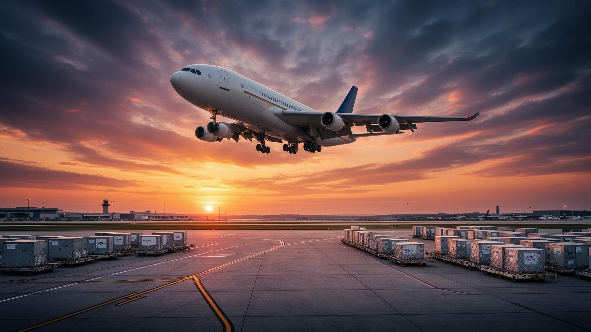 A cargo aircraft taking off at sunset over an airport apron lined with loaded air freight containers