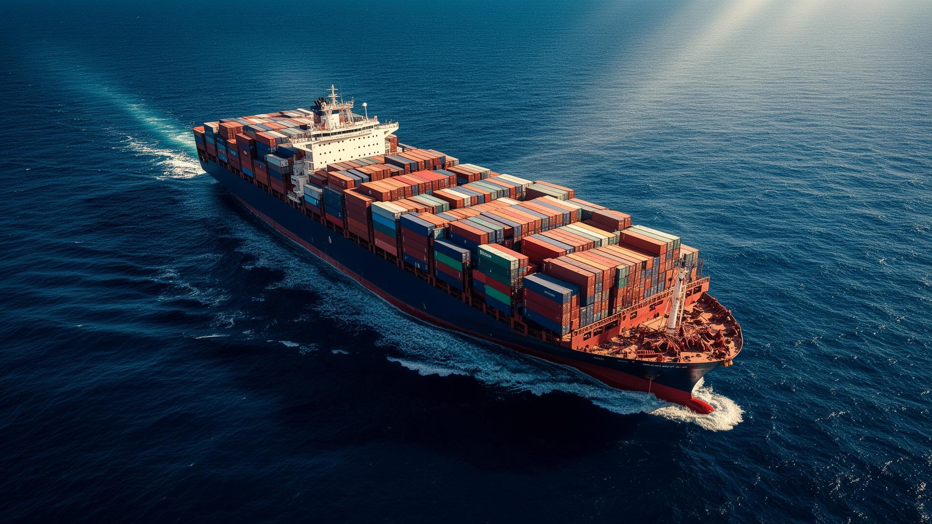 A fully loaded container ship under way in open water