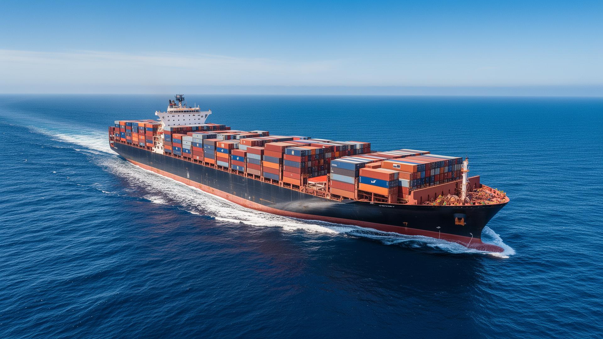 A container ship at sea seen from the air, loaded with rows of stacked shipping containers