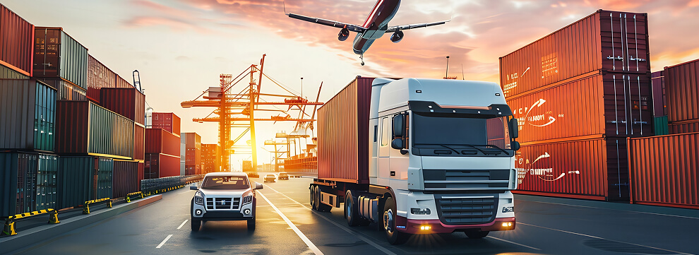 A container truck pulling out of a port terminal at sunset, stacked containers on both sides and a cargo plane overhead